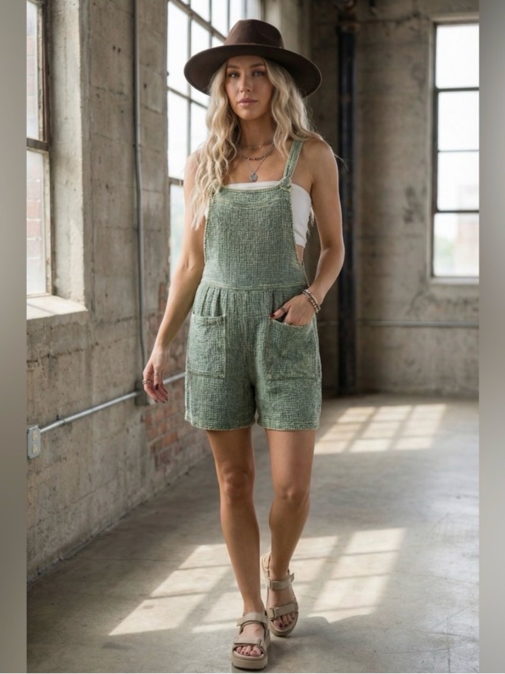 ★ Sage Green Textured Shortall Romper Pocket Overalls Boho Summer Chic